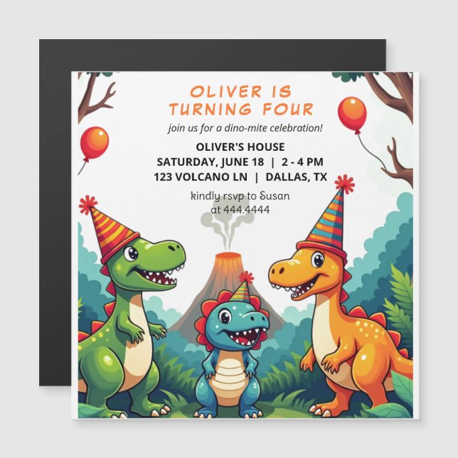 Dinosour Anniversaire Fête Invitation Carte magnét (Devant / Derrière)