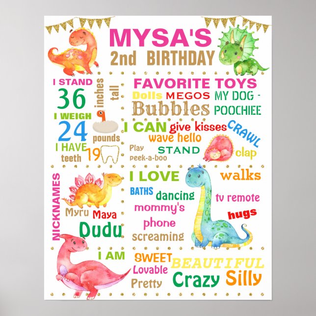 Dinosuars Birthday Party sign for a girl (Front)