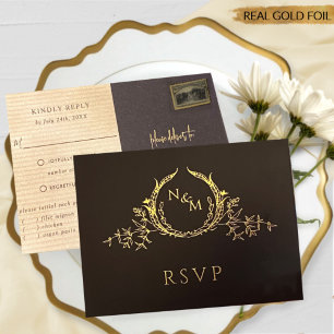 D'invitation À Feuilles D'aluminium Carte postale RSVP Black and Real Gold Foil Weddin