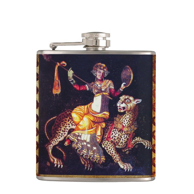DIONYSOS WITH A SPEAR RIDING LEOPARD Greek Mosaic  Hip Flask (Front)