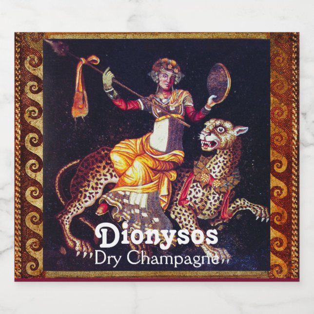 DIONYSOS WITH A SPEAR RIDING LEOPARD Greek Mosaic Sparkling Wine Label (Single Label)