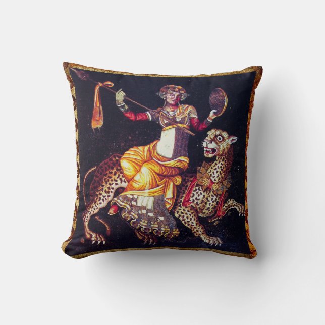 DIONYSOS WITH A SPEAR RIDING LEOPARD Greek Mosaic Throw Pillow (Front)