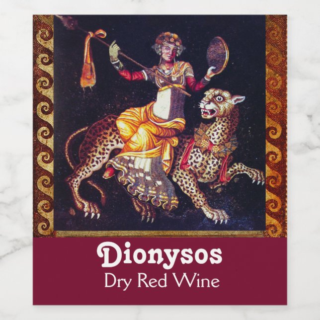 DIONYSOS WITH A SPEAR RIDING LEOPARD Greek Mosaic Wine Label (Single Label)