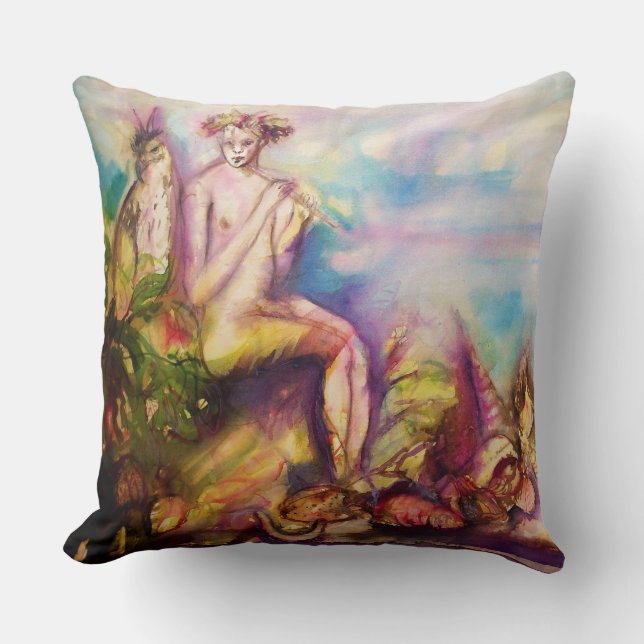 DIONYSUS ,Playing Flute with Sea shells and Fruits Throw Pillow (Front)