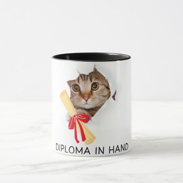 Diploma in Hand Cute Grad Cat  Mug (Center)