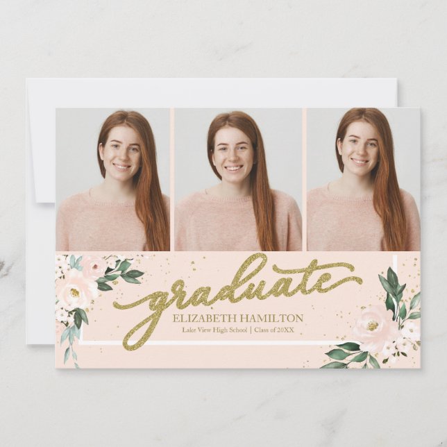 Diplômé Blush Floral Grad Faire-part 3 Photo (Devant)