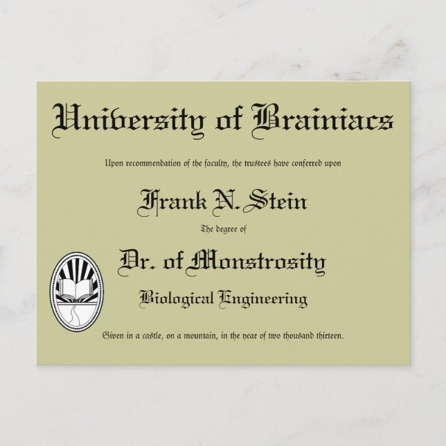 Diplôme du Dr Frankenstein, carte postale (Devant)