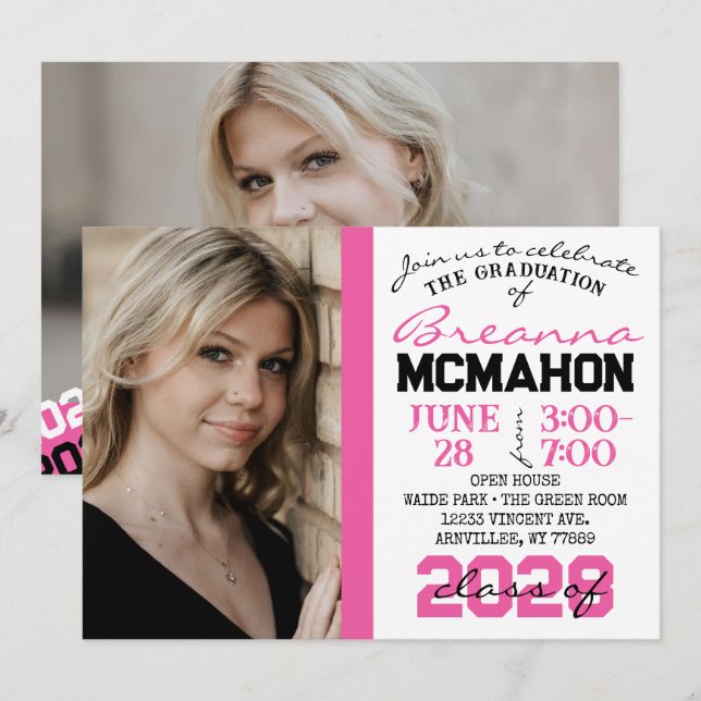 Diplôme rose, noir et blanc 2 Invitation photo (Devant / Derrière)