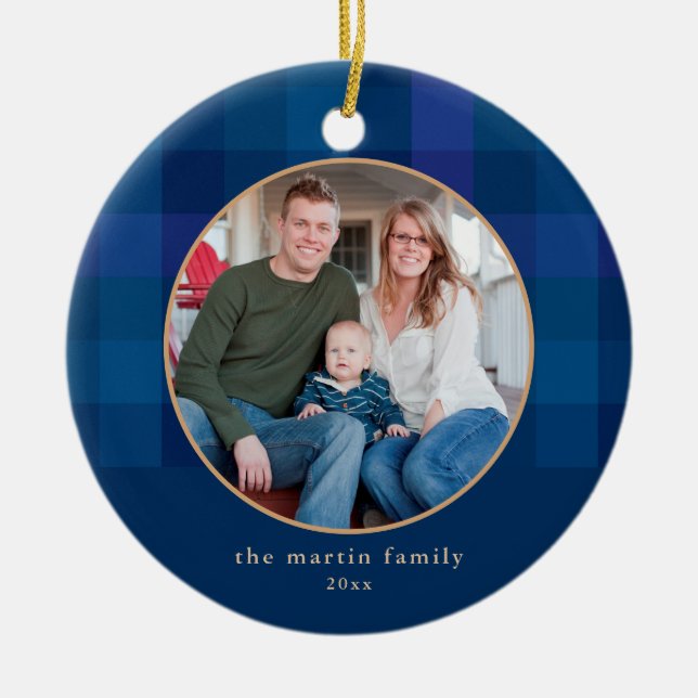 Dipped Plaid Blue Photo Christmas Ceramic Ornament (Front)