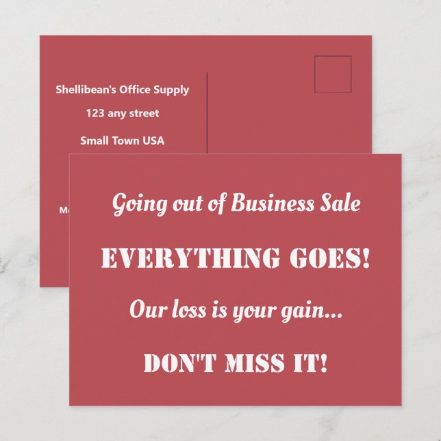Direct Mail Going Out of Business Sale Advertising Postcard (Front/Back)