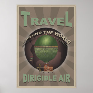 Dirigible Air Steampunk Vintage World Travel Poster