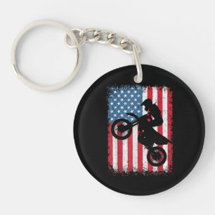 Dirt Bike American Flag Motocross Biker Men Boys V Keychain