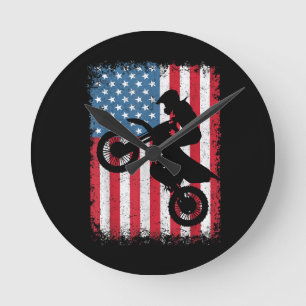 Dirt Bike American Flag Motocross Biker Men Boys V Round Clock