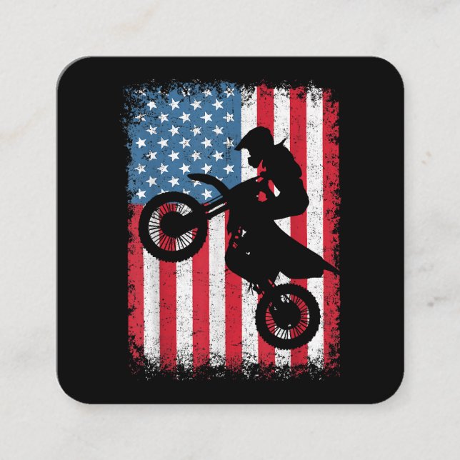 Dirt Bike American Flag Motocross Biker Men Boys V Square Business Card (Front)