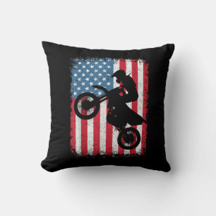 Dirt Bike American Flag Motocross Biker Men Boys V Throw Pillow