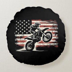 Dirt Bike American Flag Motocross Biker Vintage US Round Pillow