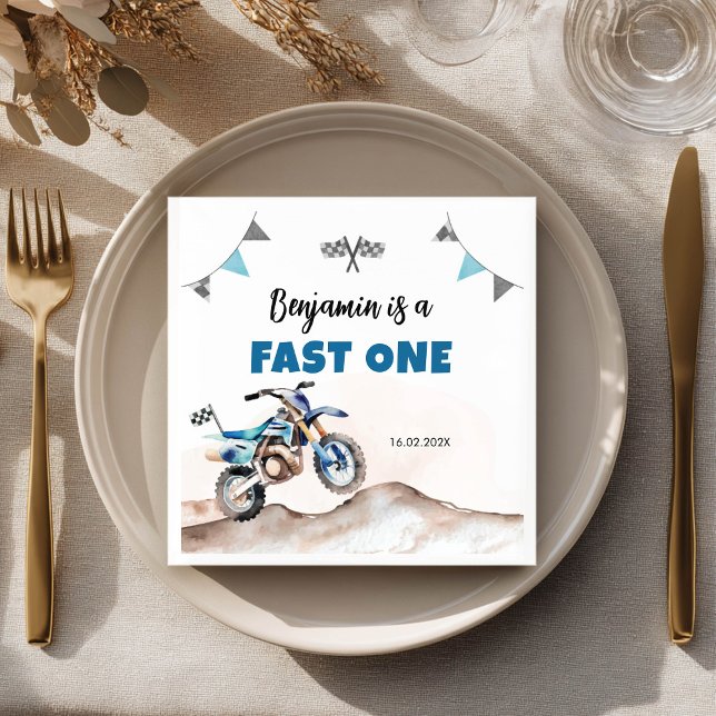 Dirt Bike Fast One Boy Birthday Party Napkin (Creator Uploaded)