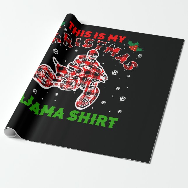 Dirt Bike Motocross Plaid Biker Christmas Pajama Wrapping Paper (Unrolled)