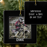 Dirt Bike Rider Boys Photo Square Ornament<br><div class="desc">Christmas ornament for boys who ride dirt bikes.  Customize with his name beneath a photo on the front.  Add more text to the back as needed.  Colours are black with grey,  distressed printed font.  Fits best on a square ornament.</div>