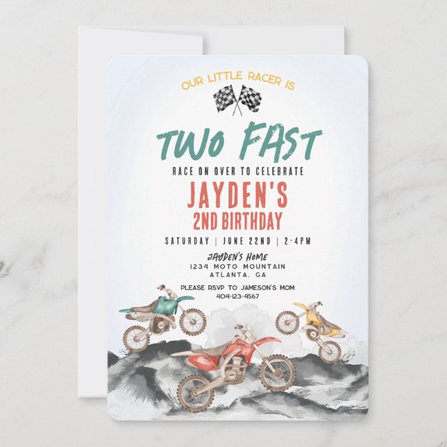 Dirt Bike Second Birthday Party Invitation for Boy (Front)