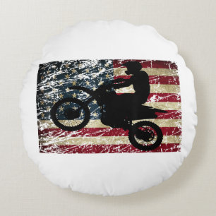 Dirt Bike USA Flag T-Shirt Motocross American Flag Round Pillow