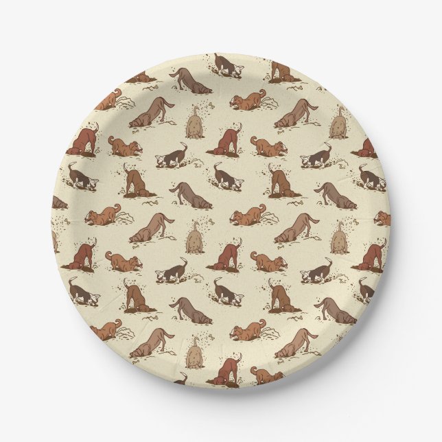 Dirt Digging Dogs - beach vacation pattern.   Paper Plate (Front)