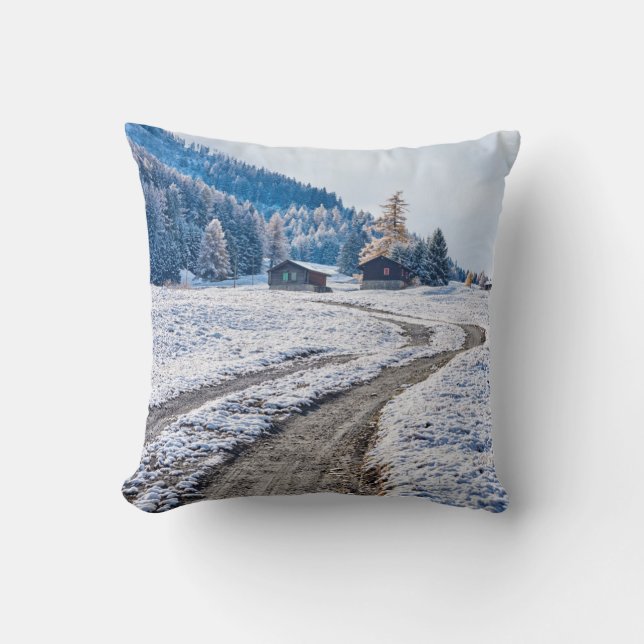 Dirt Road in the Snow Ground, European Alps Throw Pillow (Front)