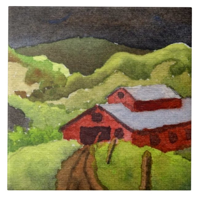Dirt road to red valley barn and hill country farm tile (Front)