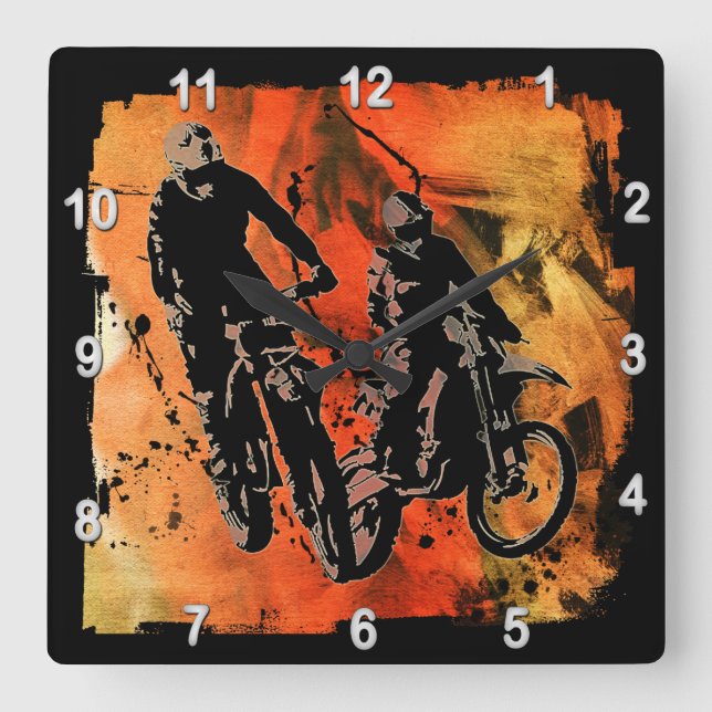 Dirtbiker Duo Red and Orange Grunge Square Wall Clock (Front)