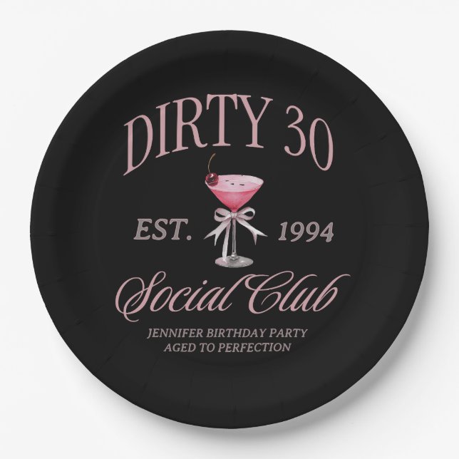 Dirty 30 Coquette Martini & Bow  Birthday  Paper Plate (Front)