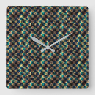Dirty chess and scratched effect, yellow and blue square wall clock