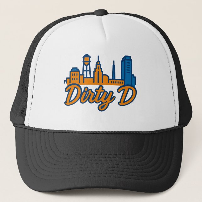 Dirty D Durham Skyline – Urban Script City Pride Trucker Hat (Front)