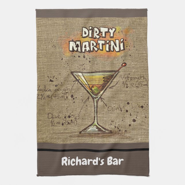 Dirty Martini Recipe Personalized Bar Burlap Kitchen Towel (Vertical)