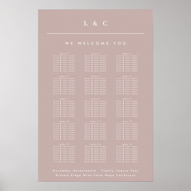 Dirty Pink Taupe Monogram Wedding Seating Chart (Front)