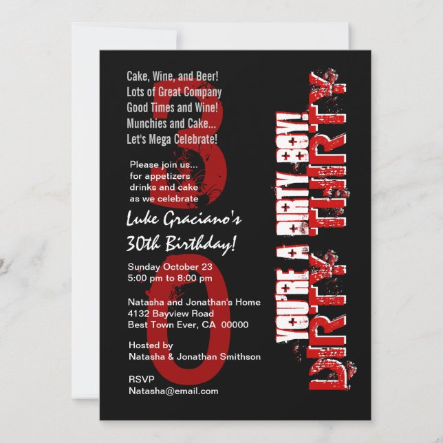 Dirty Thirty 30th Birthday Black Red You Dirty Boy Invitation (Front)