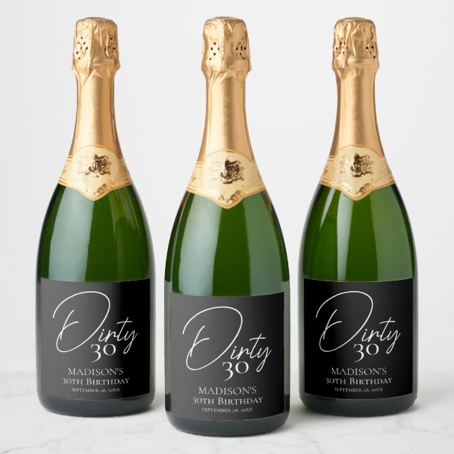 Dirty Thirty 30th Black & White Birthday Sparkling Wine Label (Bottles)