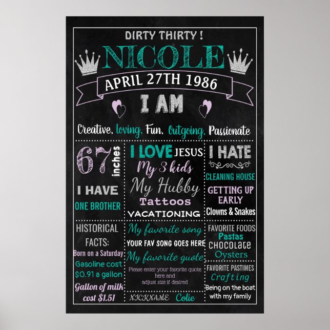 Dirty Thirty Adult Birthday cake smash chalkboard  Poster (Front)