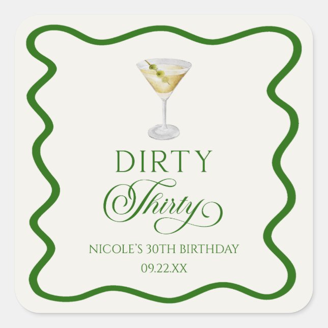 Dirty Thirty Dirty Martini Birthday Party Square Sticker (Front)