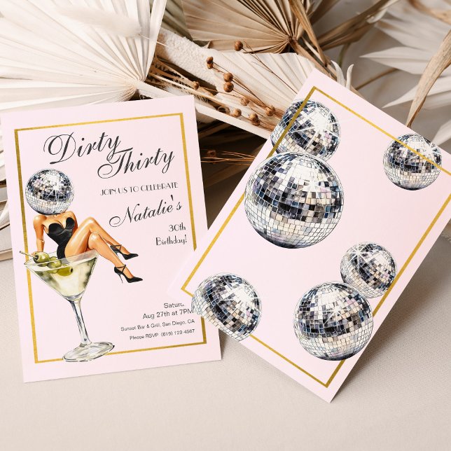 Dirty Thirty Disco Martini 30th Birthday Party  Invitation (Dirty Thirty 30th Birthday Party Disco Martini Invitation)