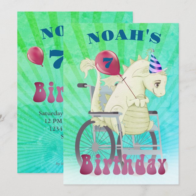 Disabled Boys Dragon Green Birthday Invitation (Front/Back)