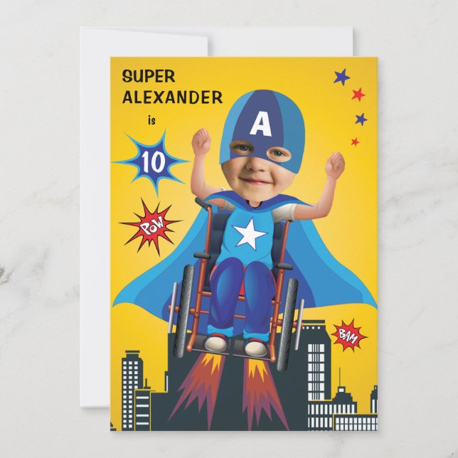 Disabled Flying Superhero Wheelchair Fun Birthday Invitation (Front)