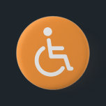 Disabled symbol or orange and white handicap sign 2 inch round button<br><div class="desc">Button featuring a white and orange disabled sign or handicap symbol featuring a handicapped man sitting down in a wheelchair. This symbol is used for handicap parking, toilets for disabled and handicapped persons and more. Also available in other colours.</div>
