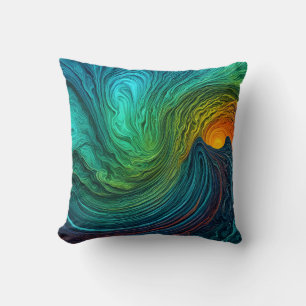 "Disappearing Sun" Abstract Fractal Waves Throw Pillow