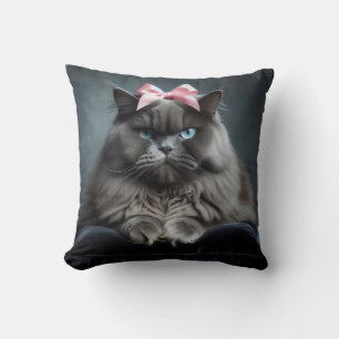 Disapproving Cat: Fluffy Grey Cat with Pink Bow. Throw Pillow