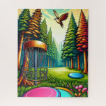 Disc Golf and Eagle themed   Jigsaw Puzzle<br><div class="desc">Retro looking disc golf Couse with and Eagle soaring above pine trees ai art.</div>