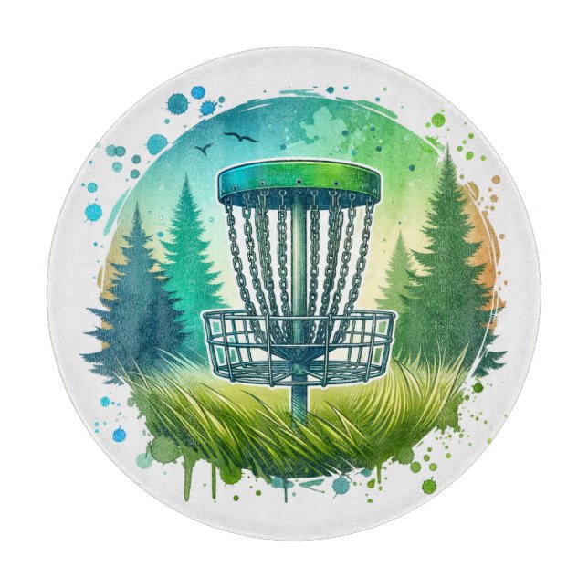 Disc Golf Basket and Pine Trees Blue and Green Cutting Board (Front)