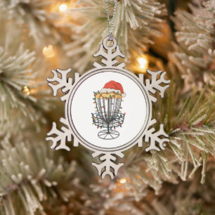 Disc Golf Basket Santa Hat Christmas Lights Xmas Snowflake Pewter Christmas Ornament