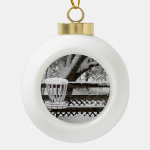 Disc Golf Goal Post in Snow Ceramic Ball Christmas Ornament