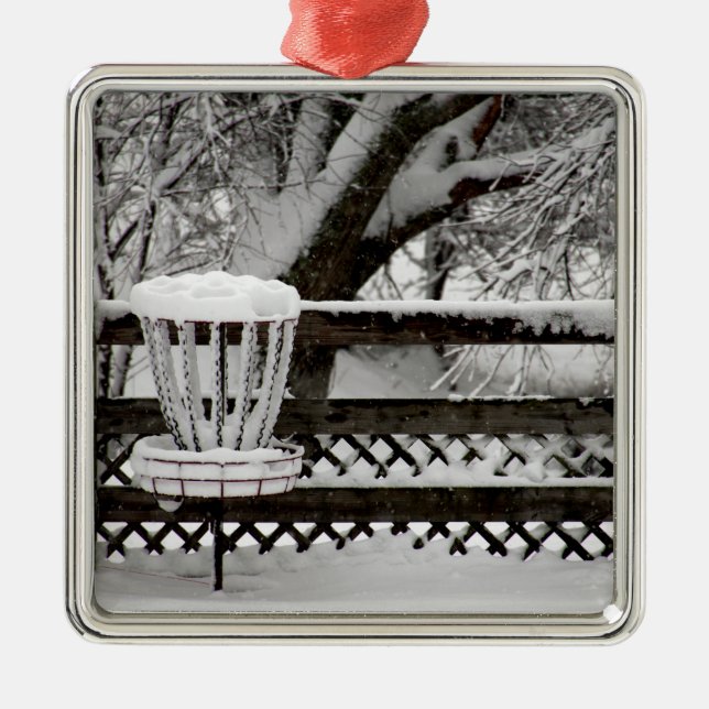 Disc Golf Goal Post in Snow Metal Ornament (Front)