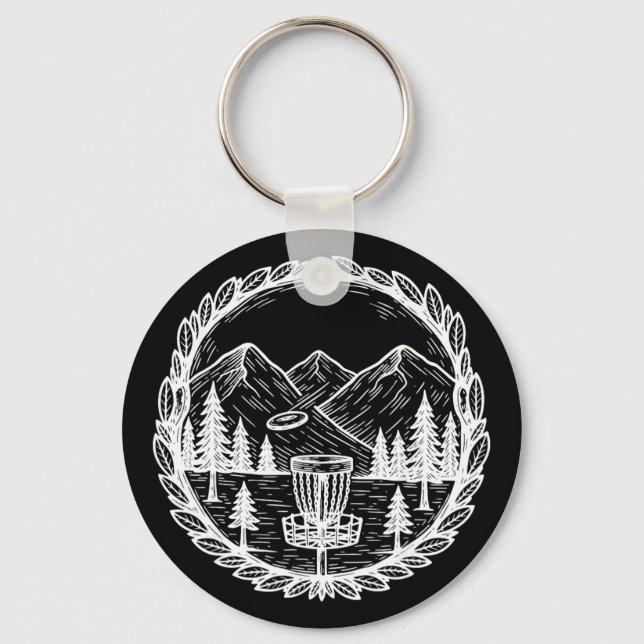 Disc Golf Mountain Scene Flying Disc Sket  Keychain (Front)